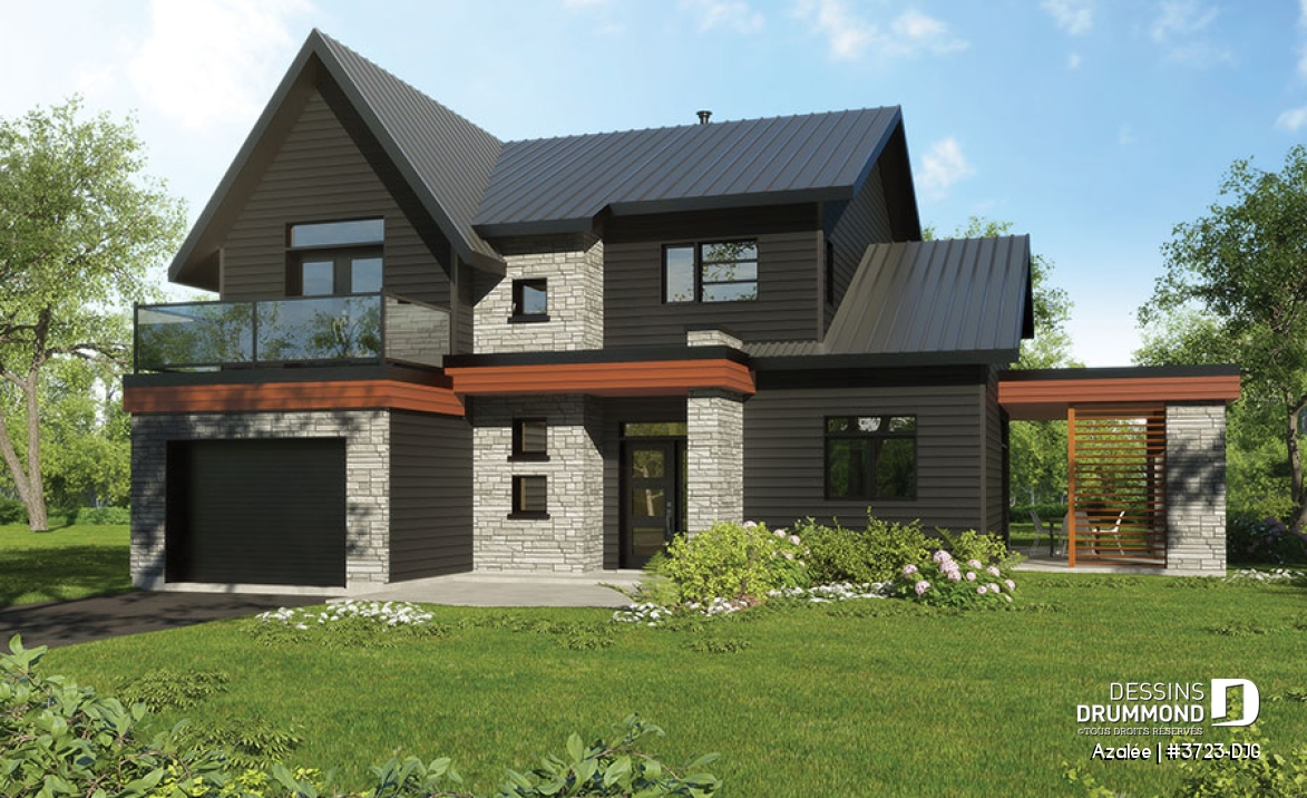 Version couleur no. 1 - Vue avant - Modèle de maison Scandinave 3 à 4 chambres, balcon chambre parents, terrasse arrière abritée - Azalée