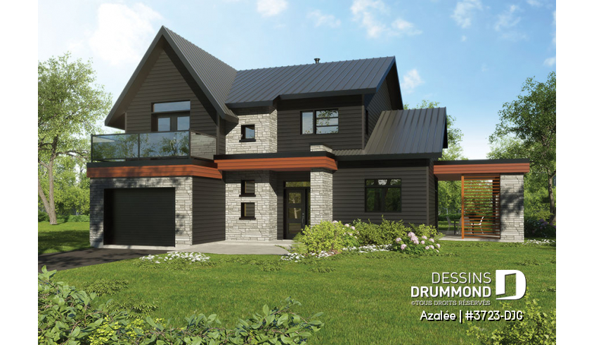 Version couleur no. 1 - Vue avant du plan de maison unifamiliale 3723-DJG Version couleur no. 1 - Vue avant - Modèle de maison Scandinave 3 à 4 chambres, balcon chambre parents, terrasse arrière abritée - Azalée