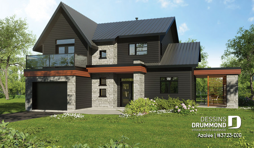 Version couleur no. 1 - Vue avant - Modèle de maison Scandinave 3 à 4 chambres, balcon chambre parents, terrasse arrière abritée - Azalée