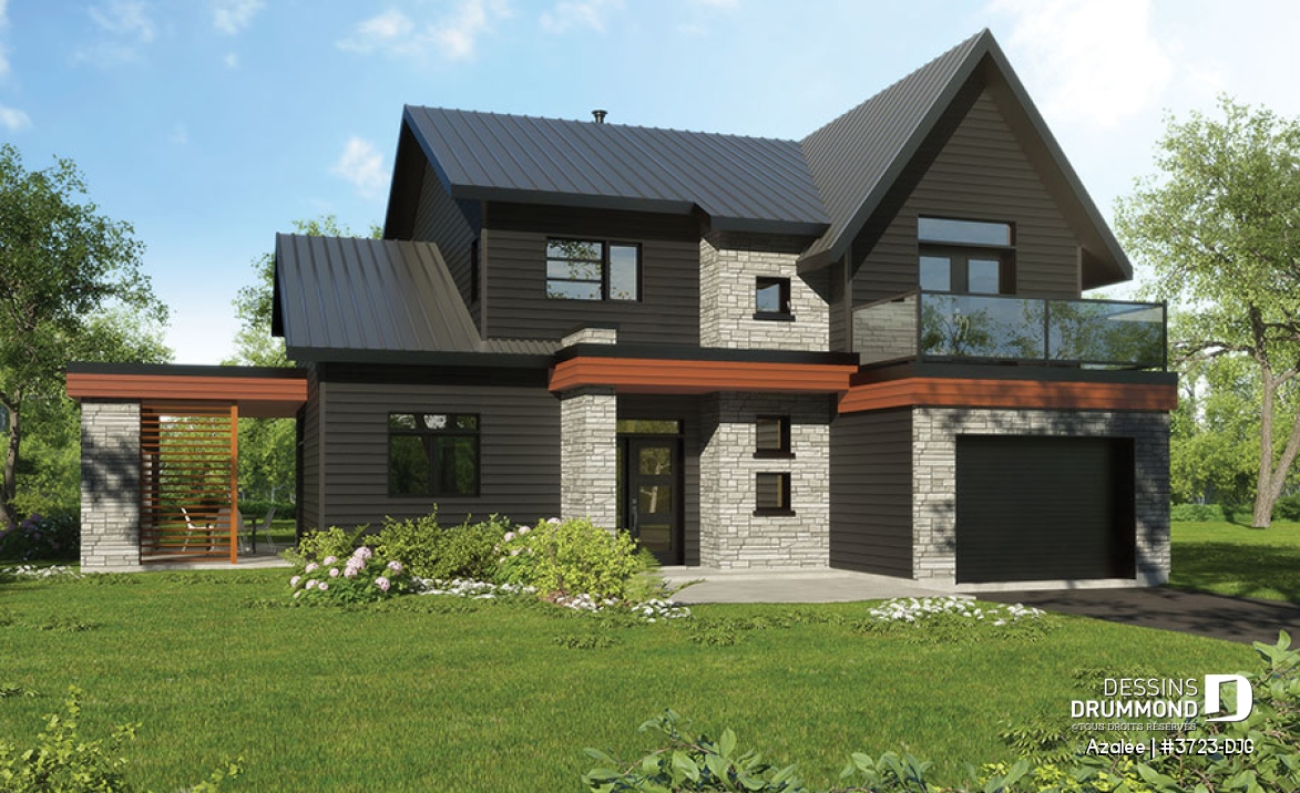 Version couleur no. 1 - Vue avant - Modèle de maison Scandinave 3 à 4 chambres, balcon chambre parents, terrasse arrière abritée - Azalée