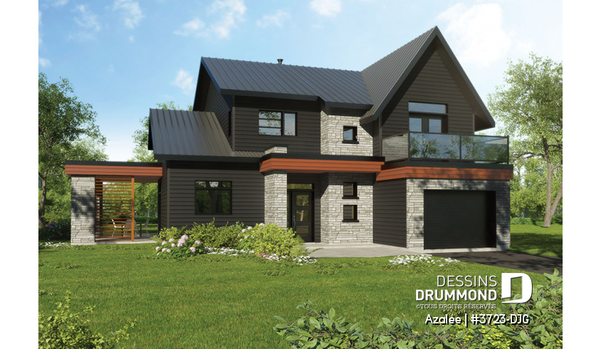 Version couleur no. 1 - Vue avant - Modèle de maison Scandinave 3 à 4 chambres, balcon chambre parents, terrasse arrière abritée - Azalée