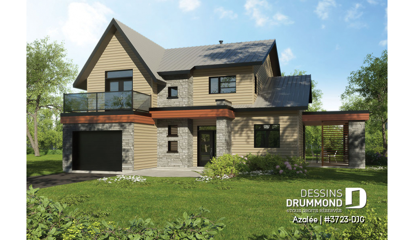 Version couleur no. 2 - Vue avant du plan de maison unifamiliale 3723-DJG Version couleur no. 2 - Vue avant - Azalée