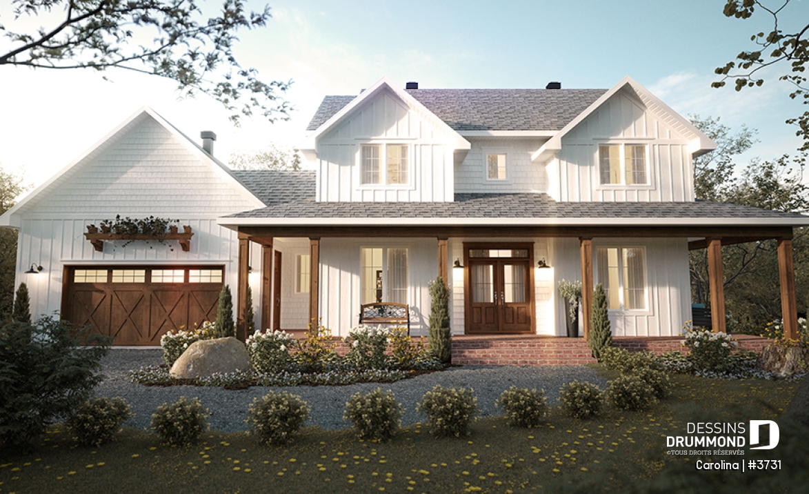 Vue avant - MODÈLE DE BASE - Modèle de grande Farmhouse à étage, avec garage double et 4 à 6 chambres, rez-de-jardin aménagé - Carolina