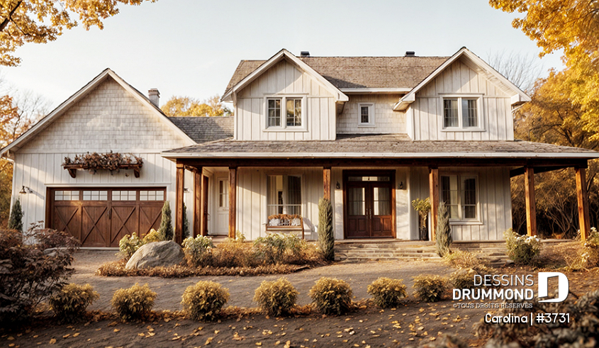 Vue avant - MODÈLE DE BASE - Plan de maison Farmhouse à étage, avec garage double et 4 à 6 chambres, rez-de-jardin aménagé - Carolina