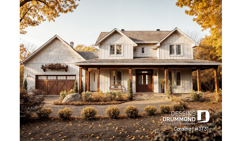 Vue avant - MODÈLE DE BASE - Plan de maison Farmhouse à étage, avec garage double et 4 à 6 chambres, rez-de-jardin aménagé - Carolina