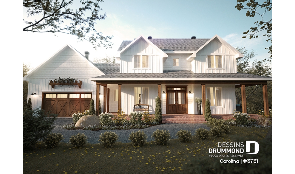 Vue avant - MODÈLE DE BASE - Modèle de grande Farmhouse à étage, avec garage double et 4 à 6 chambres, rez-de-jardin aménagé - Carolina