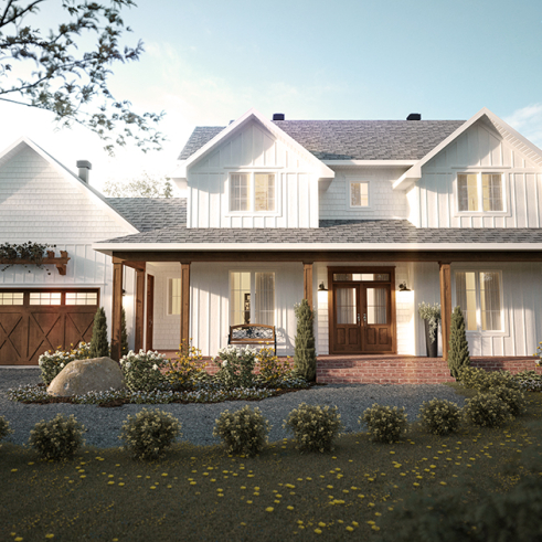 Vue avant - MODÈLE DE BASE - Modèle de grande Farmhouse à étage, avec garage double et 4 à 6 chambres, rez-de-jardin aménagé - Carolina