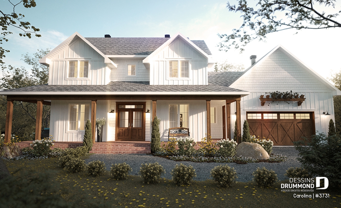 Vue avant - MODÈLE DE BASE - Modèle de grande Farmhouse à étage, avec garage double et 4 à 6 chambres, rez-de-jardin aménagé - Carolina