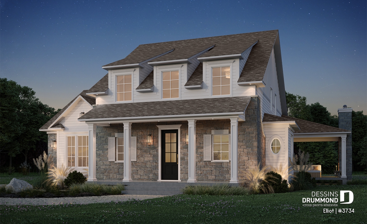 Vue avant - MODÈLE DE BASE - Plan de maison cottage lumineux avec 3 chambres, plafond 18'4" et sous-sol évolutif - Elliot