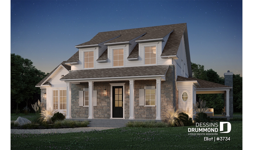 Vue avant - MODÈLE DE BASE - Plan de maison cottage lumineux avec 3 chambres, plafond 18'4" et sous-sol évolutif - Elliot