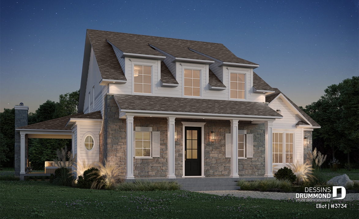 Vue avant - MODÈLE DE BASE - Plan de maison cottage lumineux avec 3 chambres, plafond 18'4" et sous-sol évolutif - Elliot