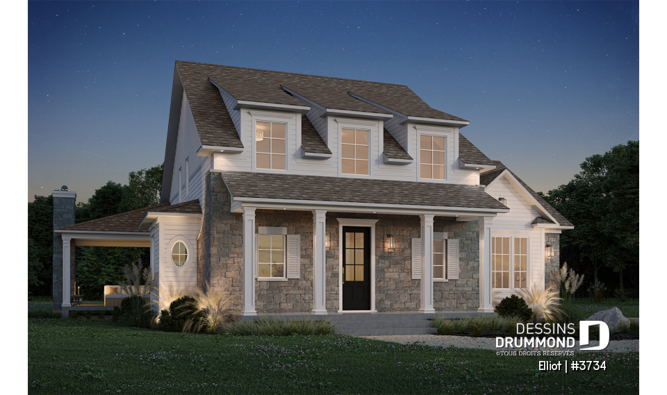 Vue avant - MODÈLE DE BASE - Plan de maison cottage lumineux avec 3 chambres, plafond 18'4" et sous-sol évolutif - Elliot