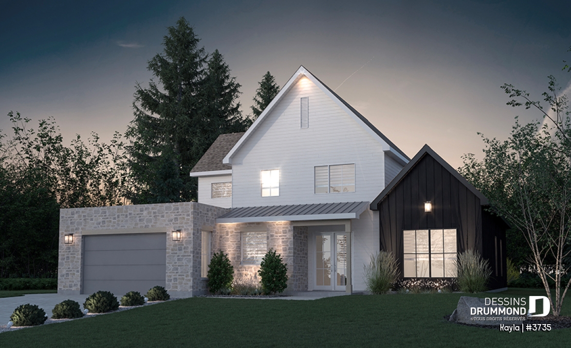 Vue avant - MODÈLE DE BASE - Plan de maison classique, suite des parents au r-d-c, total 3 chambres + bureau - Kayla