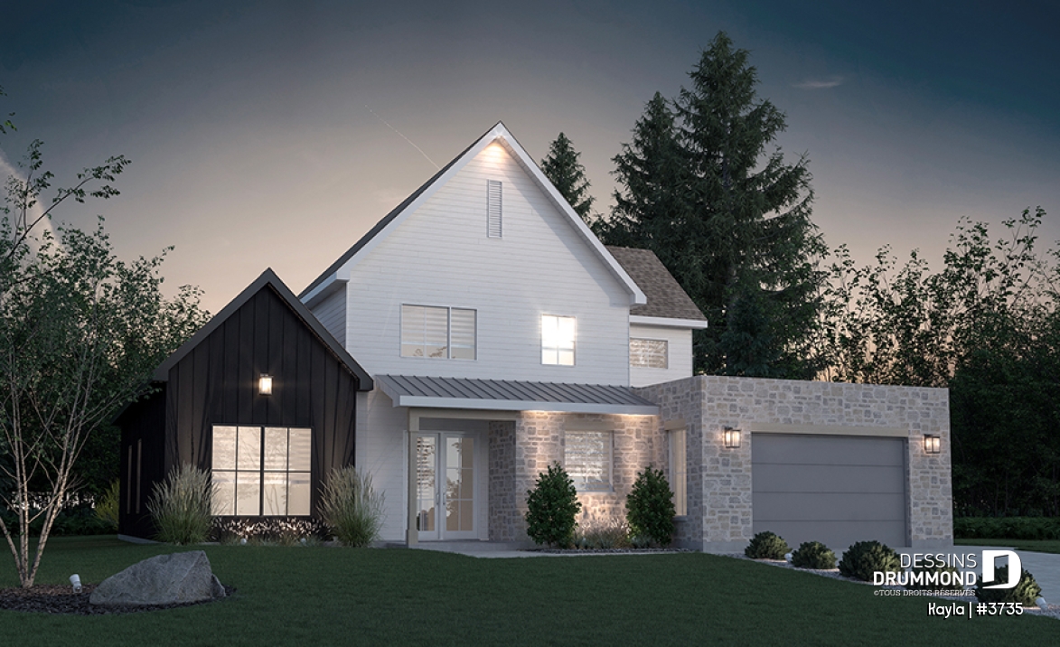 Vue avant - MODÈLE DE BASE - Plan de maison classique, suite des parents au r-d-c, total 3 chambres + bureau - Kayla