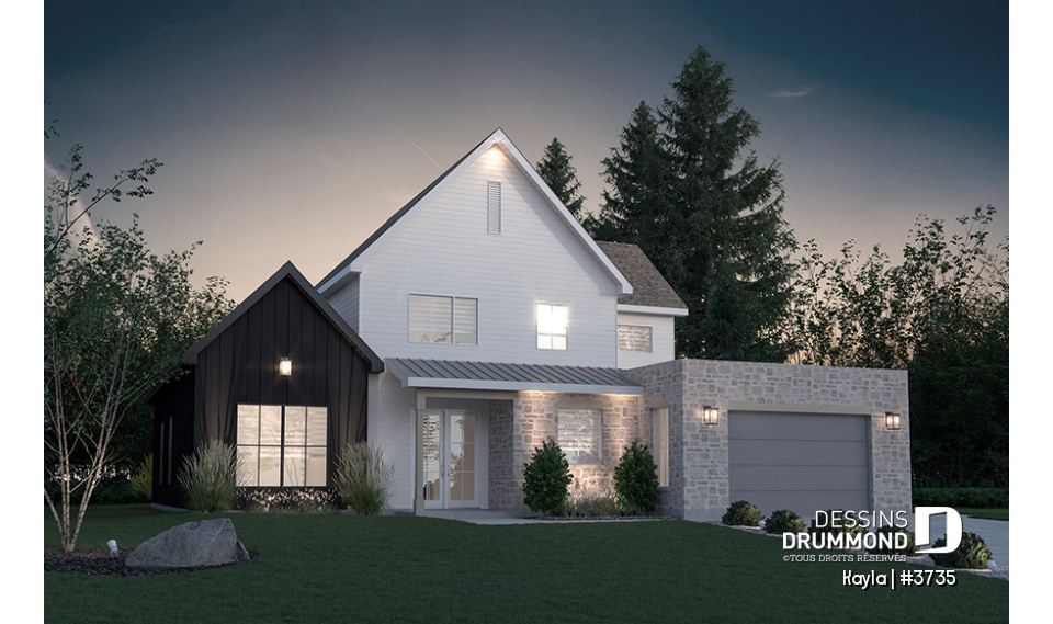 Vue avant - MODÈLE DE BASE - Plan de maison classique, suite des parents au r-d-c, total 3 chambres + bureau - Kayla