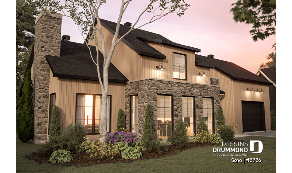 Vue avant - MODÈLE DE BASE - Maison de style transitionnel à aire ouverte, suite des parents au rez-de-chaussée, bureau à l'étage - Soho