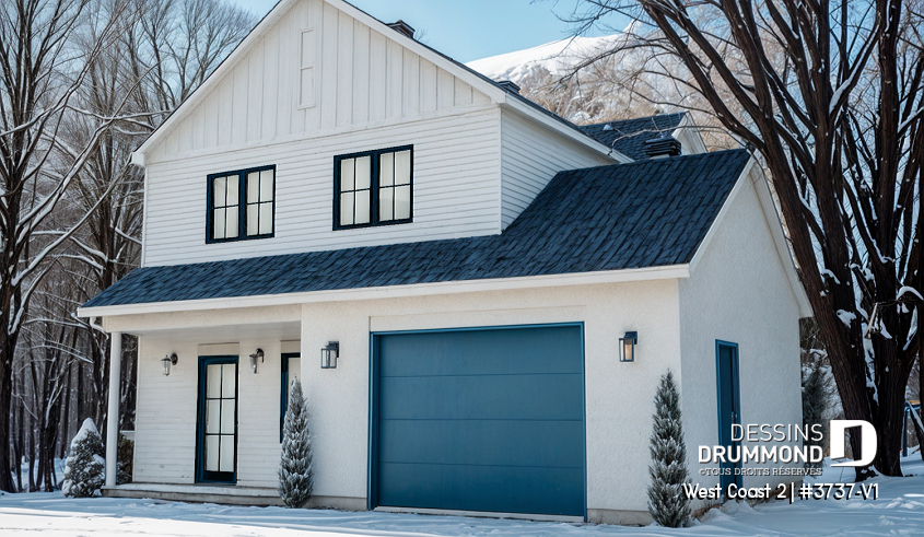 Vue avant - MODÈLE DE BASE - Plan de maison avec 3 chambres et salle de bain à l'étage, superbe îlot à la cuisine, coin bureau, vestiaire - West Coast 2