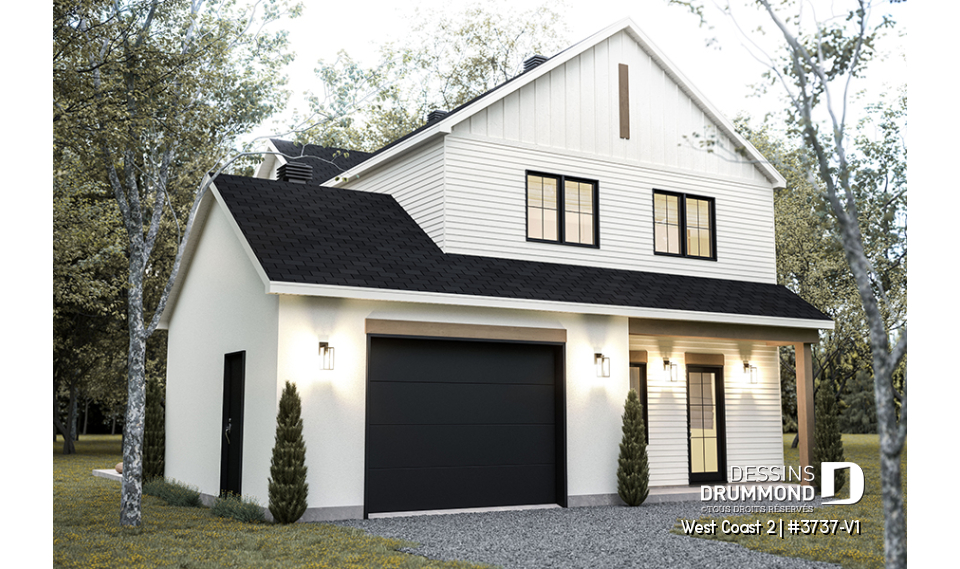Vue avant - MODÈLE DE BASE - Plan de maison avec 3 chambres et salle de bain à l'étage, superbe îlot à la cuisine, coin bureau, vestiaire - West Coast 2