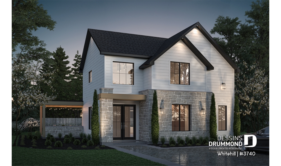Vue avant - MODÈLE DE BASE - Maison à étage sur dalle de béton, aire ouverte et salle de jeux au rez-de-chaussée, 3 chambres - Whitehill