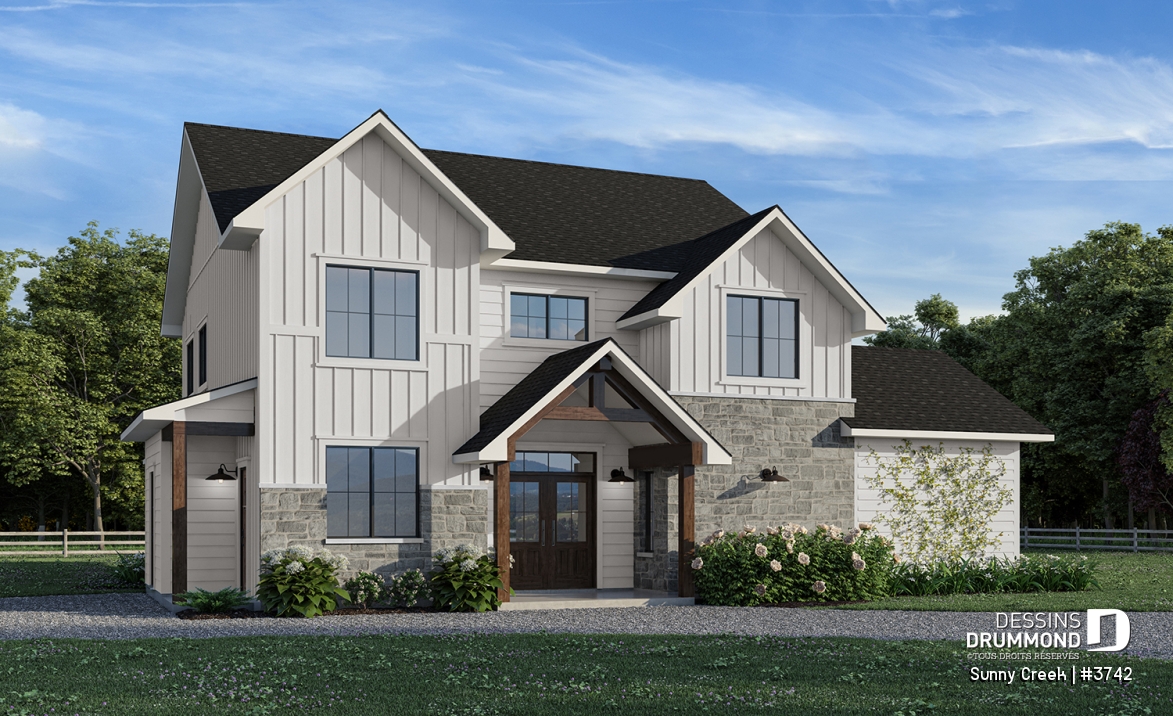 Vue avant - MODÈLE DE BASE - Maison à deux étages avec 5 chambres, une salle de jeux et des espaces familiaux lumineux et accueillants - Sunny Creek