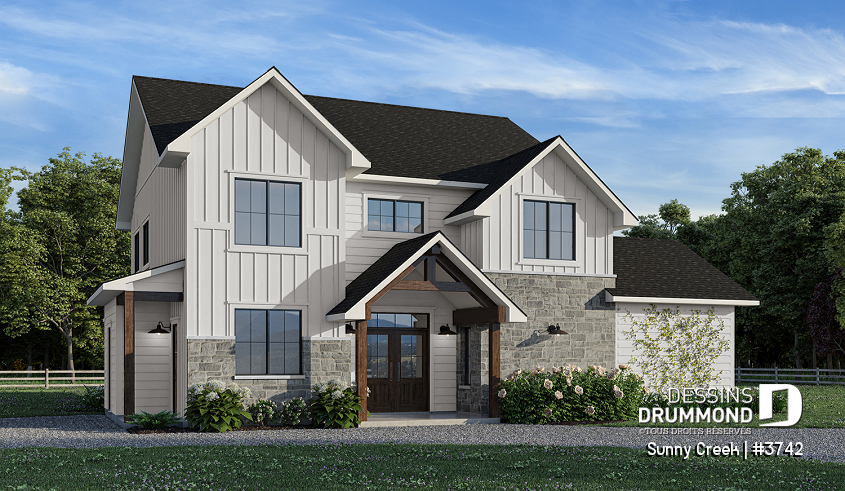 Vue avant - MODÈLE DE BASE - Maison à deux étages avec 5 chambres, une salle de jeux et des espaces familiaux lumineux et accueillants - Sunny Creek