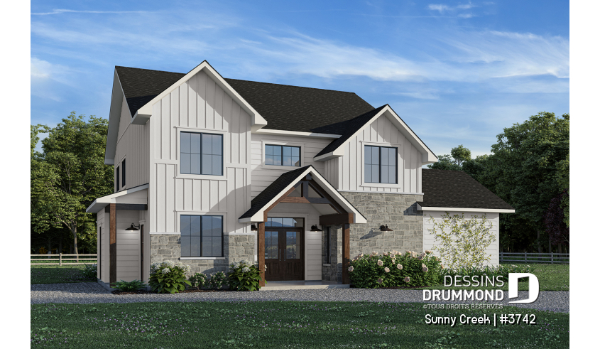 Vue avant - MODÈLE DE BASE - Maison à deux étages avec 5 chambres, une salle de jeux et des espaces familiaux lumineux et accueillants - Sunny Creek