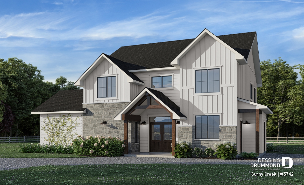 Vue avant - MODÈLE DE BASE - Maison à deux étages avec 5 chambres, une salle de jeux et des espaces familiaux lumineux et accueillants - Sunny Creek