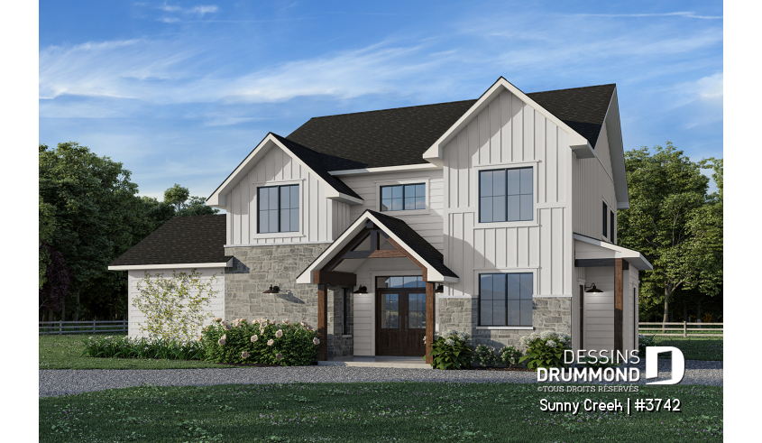 Vue avant - MODÈLE DE BASE - Maison à deux étages avec 5 chambres, une salle de jeux et des espaces familiaux lumineux et accueillants - Sunny Creek