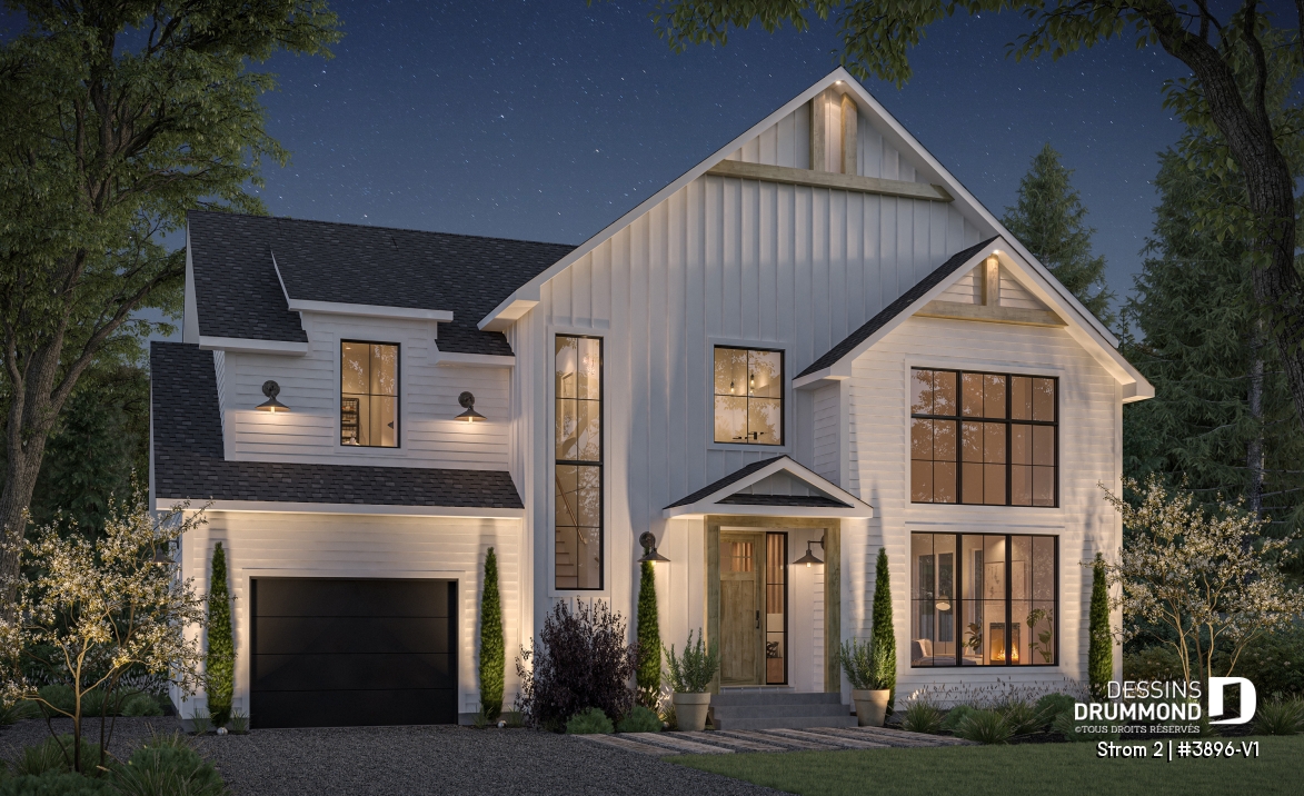 Vue avant - MODÈLE DE BASE - Plan de maison farmhouse avec plancher versatile de 3 à 6 chambres, sous-sol aménagé optionnel, terrasse - Strom 2