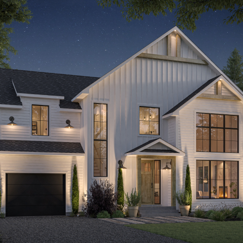 Vue avant - MODÈLE DE BASE - Plan de maison farmhouse moderne, plancher versatile de 3 à 6 chambres, sous-sol aménagé optionnel, terrasse - Strom 2