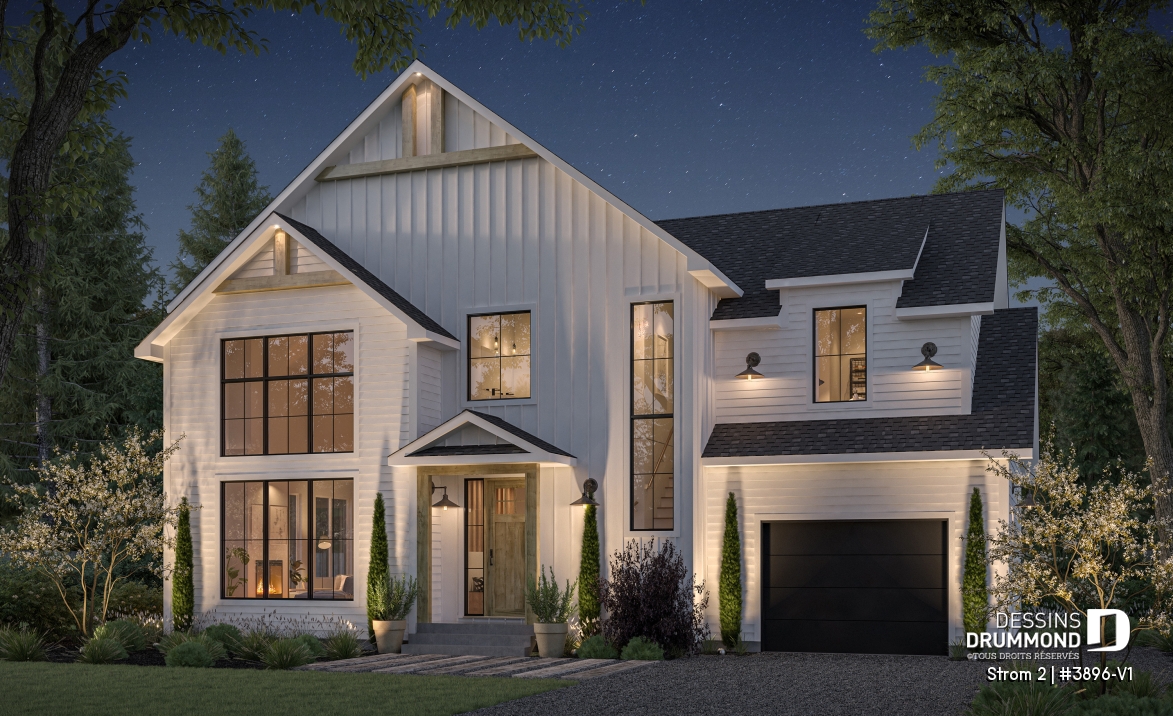 Vue avant - MODÈLE DE BASE - Plan de maison farmhouse avec plancher versatile de 3 à 6 chambres, sous-sol aménagé optionnel, terrasse - Strom 2