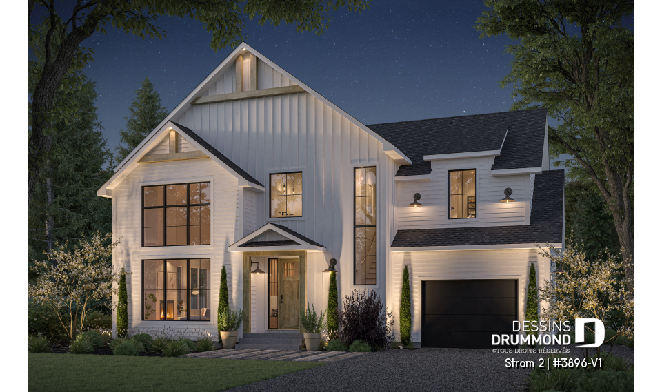Vue avant - MODÈLE DE BASE - Plan de maison farmhouse avec plancher versatile de 3 à 6 chambres, sous-sol aménagé optionnel, terrasse - Strom 2