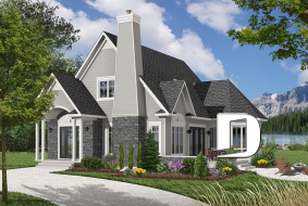 Version couleur no. 1 - Vue avant - Modèl de maison style chalet, 3 chambres, 2 salles de bain, vestibule fermé, salle de séjour avec foyer - Pelican