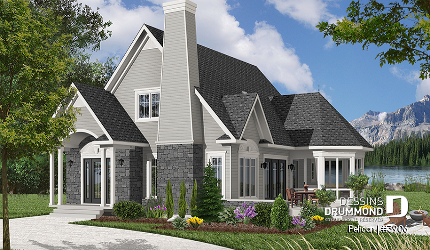 Version couleur no. 1 - Vue avant - Modèl de maison style chalet, 3 chambres, 2 salles de bain, vestibule fermé, salle de séjour avec foyer - Pelican