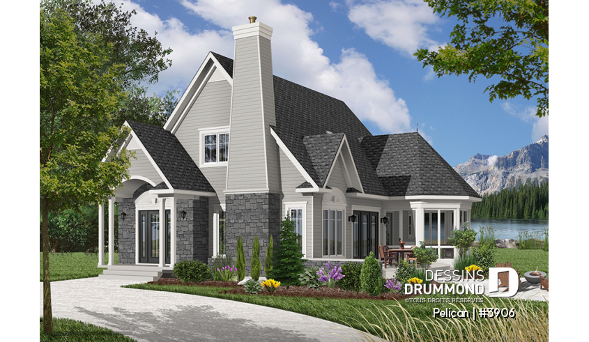 Version couleur no. 1 - Vue avant - Modèl de maison style chalet, 3 chambres, 2 salles de bain, vestibule fermé, salle de séjour avec foyer - Pelican