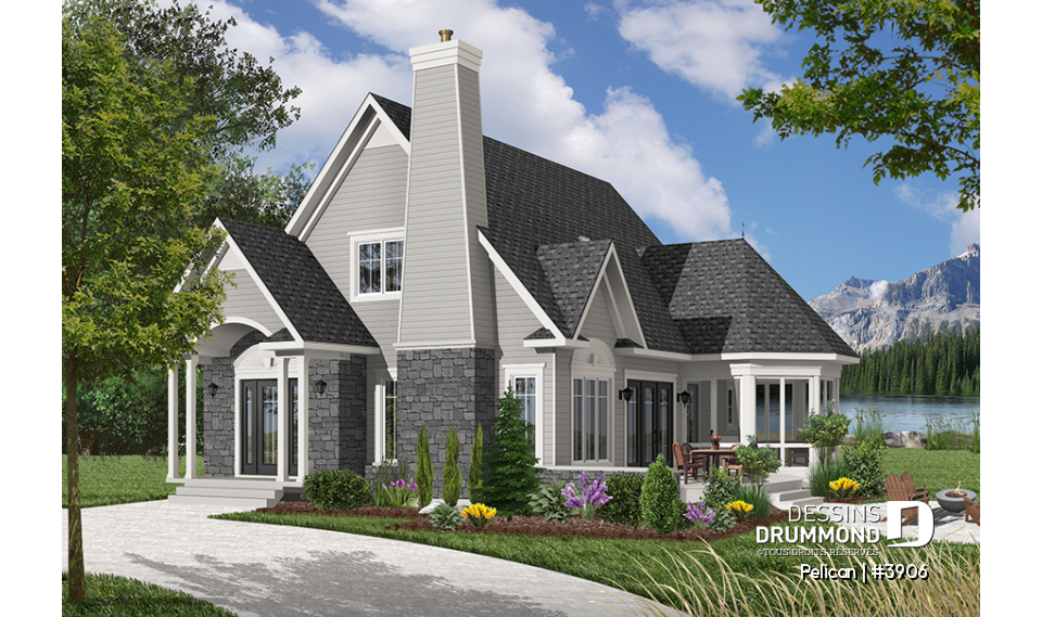 Version couleur no. 1 - Vue avant - Modèl de maison style chalet, 3 chambres, 2 salles de bain, vestibule fermé, salle de séjour avec foyer - Pelican