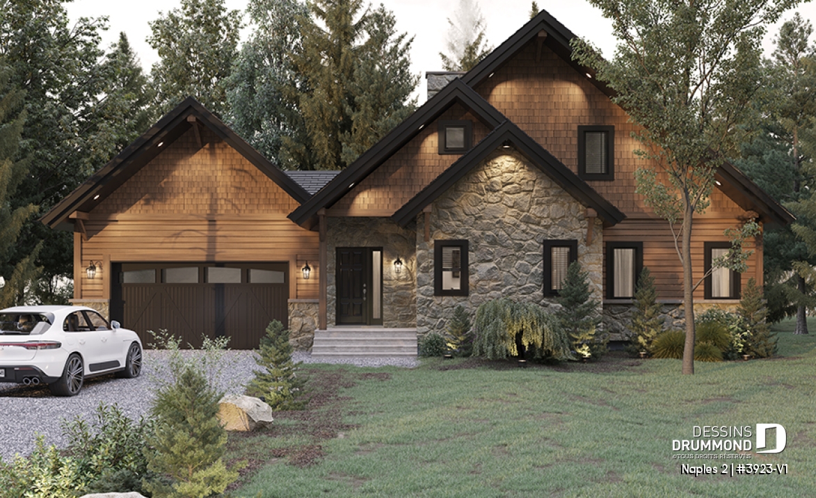 Vue avant - MODÈLE DE BASE - Modèle de maison style chalet de ski avec plafond cathédrale et vue sur la montagne ou plan d'eau - Naples 2