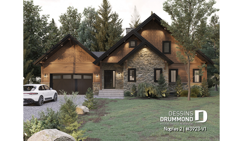 Vue avant - MODÈLE DE BASE - Modèle de maison style chalet de ski avec plafond cathédrale et vue sur la montagne ou plan d'eau - Naples 2