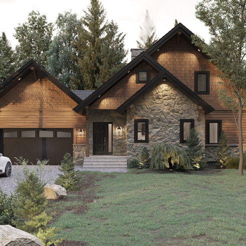 Vue avant - MODÈLE DE BASE - Modèle de maison style chalet de ski avec plafond cathédrale et vue sur la montagne ou plan d'eau - Naples 2