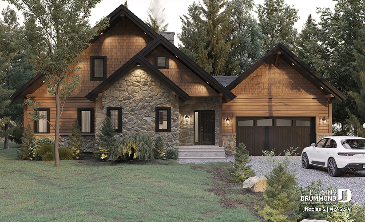 Vue avant - MODÈLE DE BASE - Modèle de maison style chalet de ski avec plafond cathédrale et vue sur la montagne ou plan d'eau - Naples 2