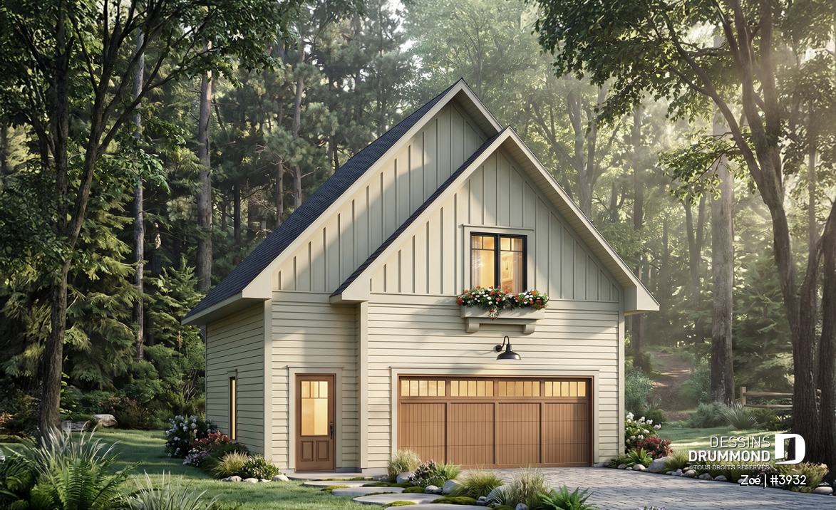 Vue avant - MODÈLE DE BASE - Plan de garage double avec logement d’une chambre, cuisine, salon et salle de bain complète à l’étage - Zoé