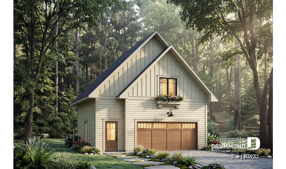 Vue avant - MODÈLE DE BASE - Plan de garage double avec logement d’une chambre, cuisine, salon et salle de bain complète à l’étage - Zoé