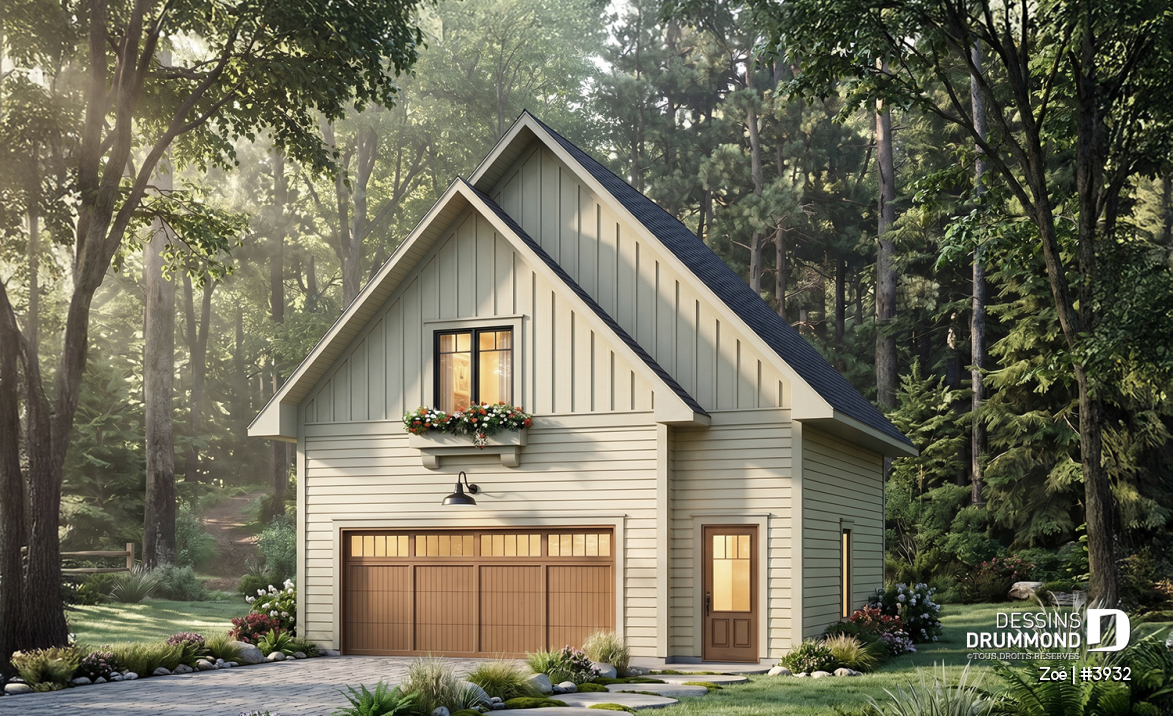 Vue avant - MODÈLE DE BASE - Plan de garage double avec logement d’une chambre, cuisine, salon et salle de bain complète à l’étage - Zoé
