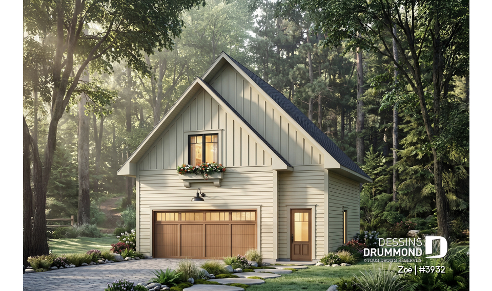 Vue avant - MODÈLE DE BASE - Plan de garage double avec logement d’une chambre, cuisine, salon et salle de bain complète à l’étage - Zoé