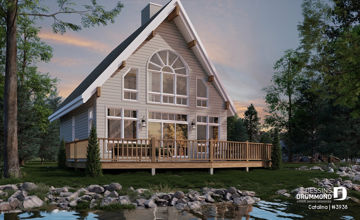 Vue arrière - MODÈLE DE BASE - Plan de chalet de type A-frame ( à toit en A ), superbe luminosité, plancher convivial, mezzanine à l'étage - Catalina