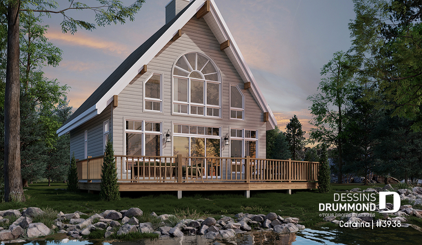 Vue arrière - MODÈLE DE BASE - Plan de chalet de type A-frame ( à toit en A ), superbe luminosité, plancher convivial, mezzanine à l'étage - Catalina