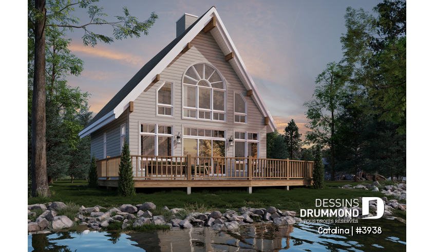 Vue arrière - MODÈLE DE BASE - Plan de chalet de type A-frame ( à toit en A ), superbe luminosité, plancher convivial, mezzanine à l'étage - Catalina