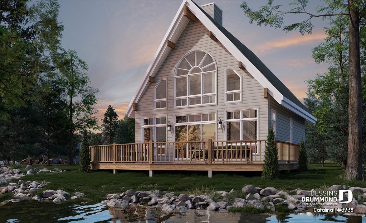 Vue arrière - MODÈLE DE BASE - Plan de chalet de type A-frame ( à toit en A ), superbe luminosité, plancher convivial, mezzanine à l'étage - Catalina