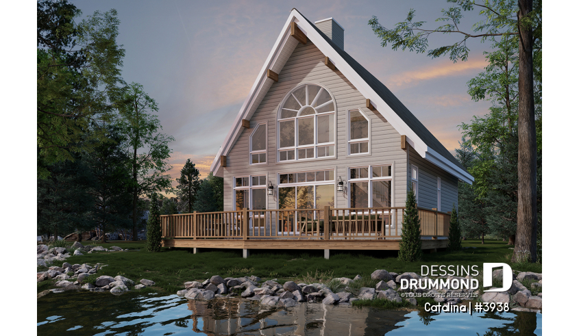 Vue arrière - MODÈLE DE BASE du plan de maison unifamiliale 3938 Vue arrière - MODÈLE DE BASE - Plan de chalet de type A-frame ( à toit en A ), superbe luminosité, plancher convivial, mezzanine à l'étage - Catalina