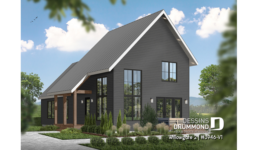 Vue avant - MODÈLE DE BASE du plan de maison unifamiliale 3946-V1 Vue avant - MODÈLE DE BASE - Modèle de maison genre chalet, 3 chambres, mezzanine, belle lumière, cuisine avec îlot & garde-manger - Willowgate 2